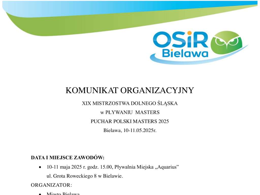 XIX Mistrzostwa Dolnego Śląska w Pływaniu Masters Puchar Polski Masters 2025