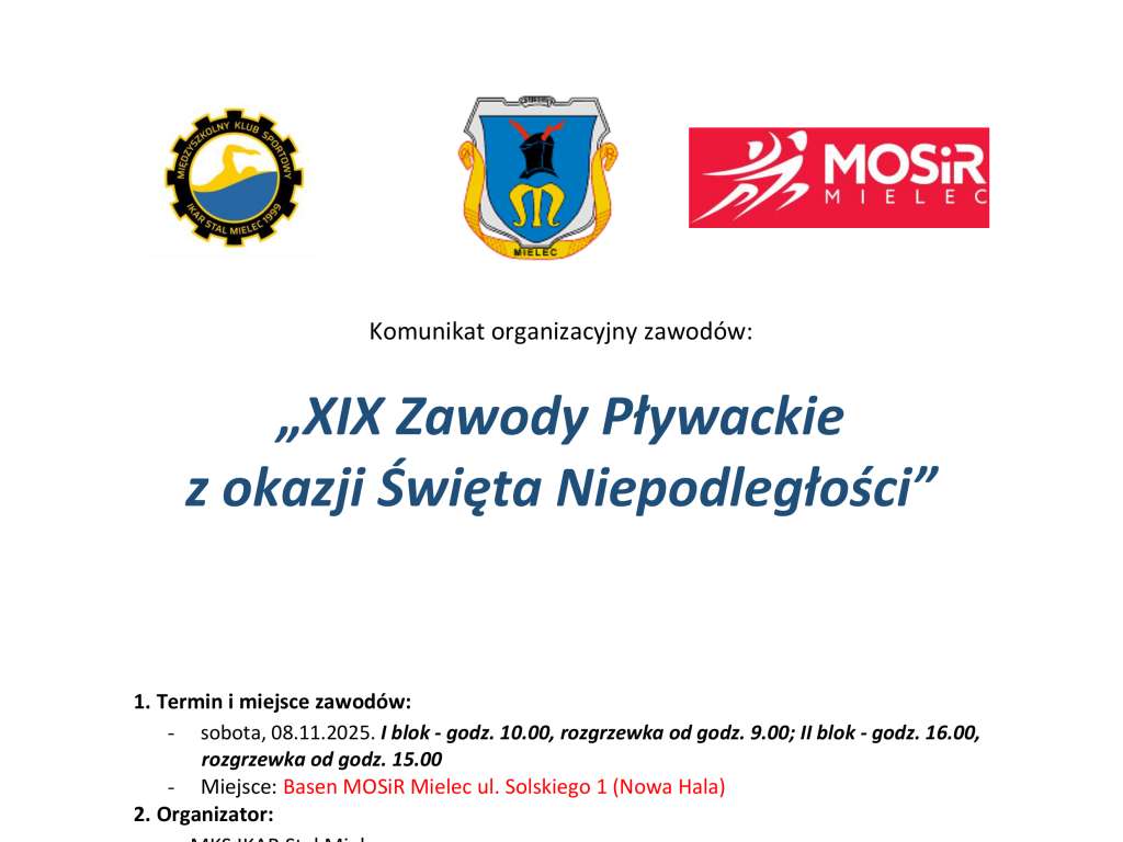 XIX Zawody Pływackie z okazji Święta Niepodległości