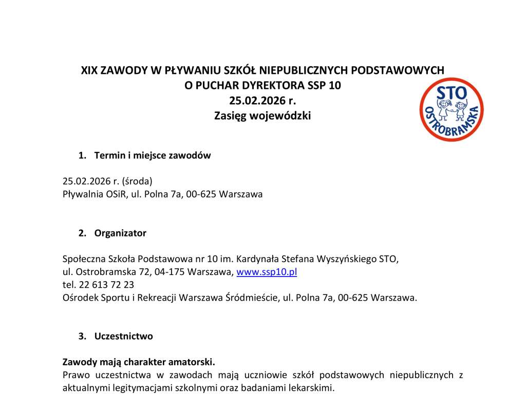 XIX Zawody w pływaniu Niepublicznych Szkół Podstawowych o Puchar Dyrektora SSP 10