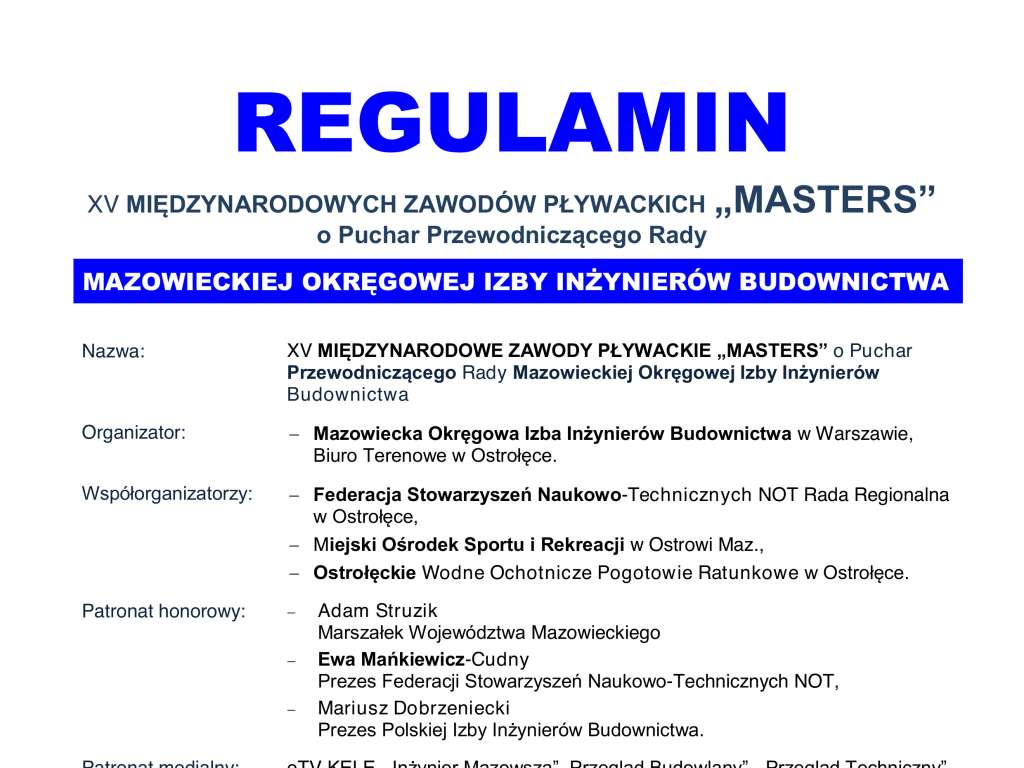 XV Międzynarodowe Zawody Pływackie MASTERS o Puchar Przewodniczącego Rady Mazowieckiej Okręgowej Izby Inżynierów Budownictwa