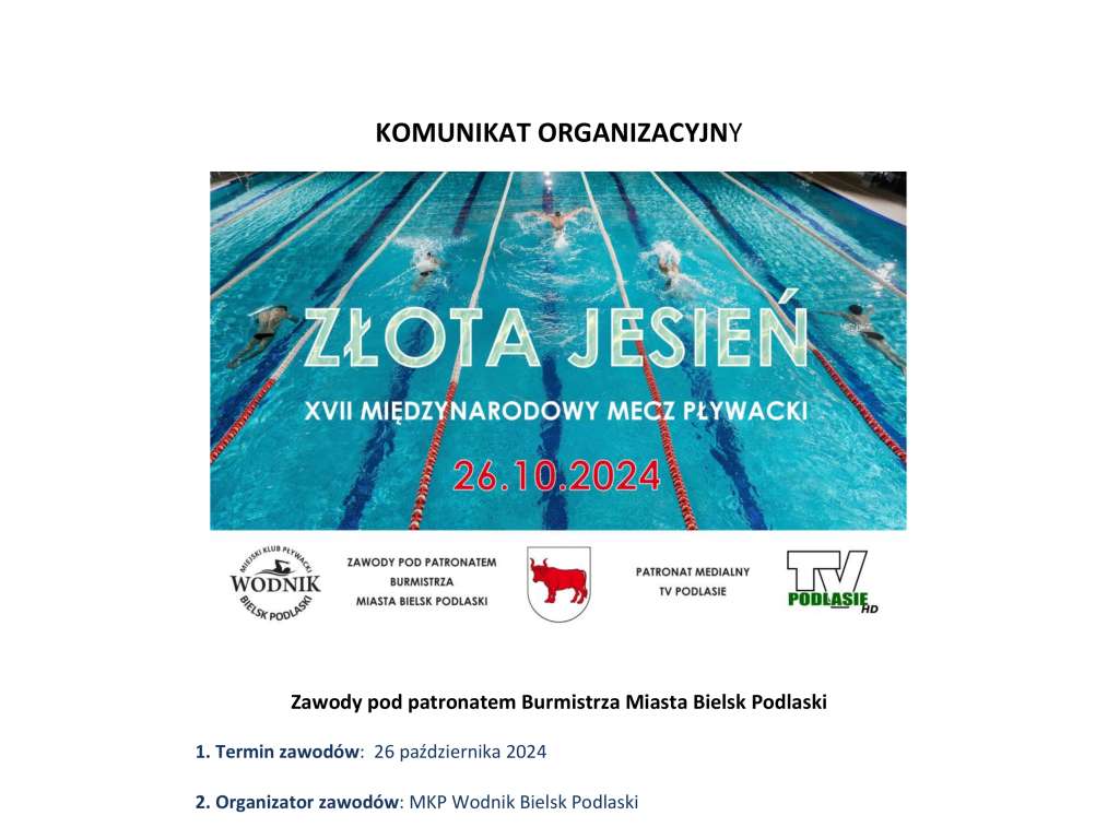 XVII Międzynarodowy Mecz Pływacki Złota Jesień 2024