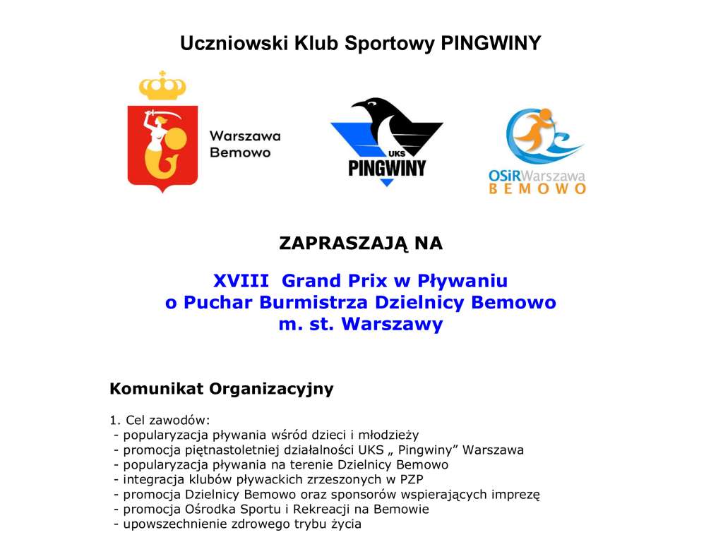 XVIII Grand Prix w Pływaniu o Puchar Burmistrza Dzielnicy Bemowo m. st. Warszawy