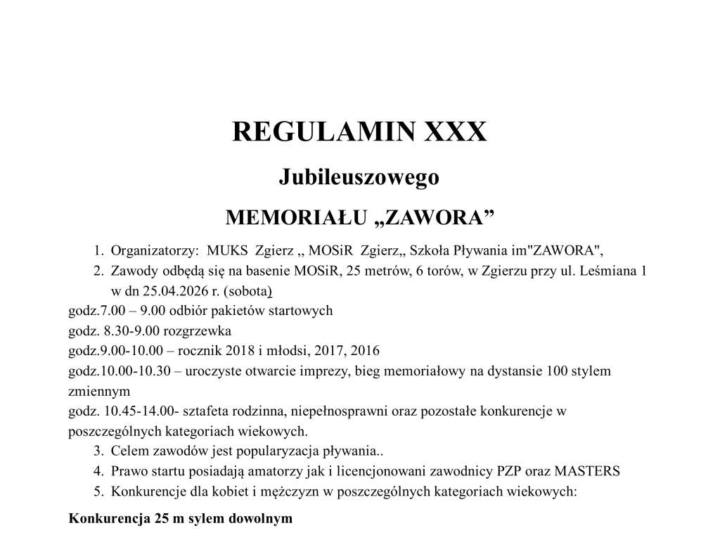 XXX Mistrzostwa w Pływaniu Memoriał Zawora