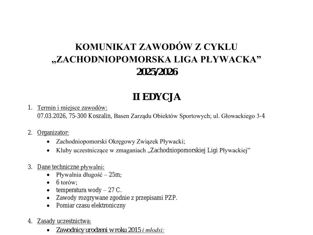 Zachodniopomorska Liga Pływacka 2025/2026 II Edycja