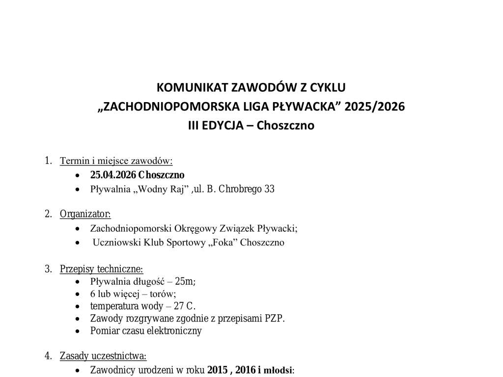 Zachodniopomorska Liga Pływacka Edycja III