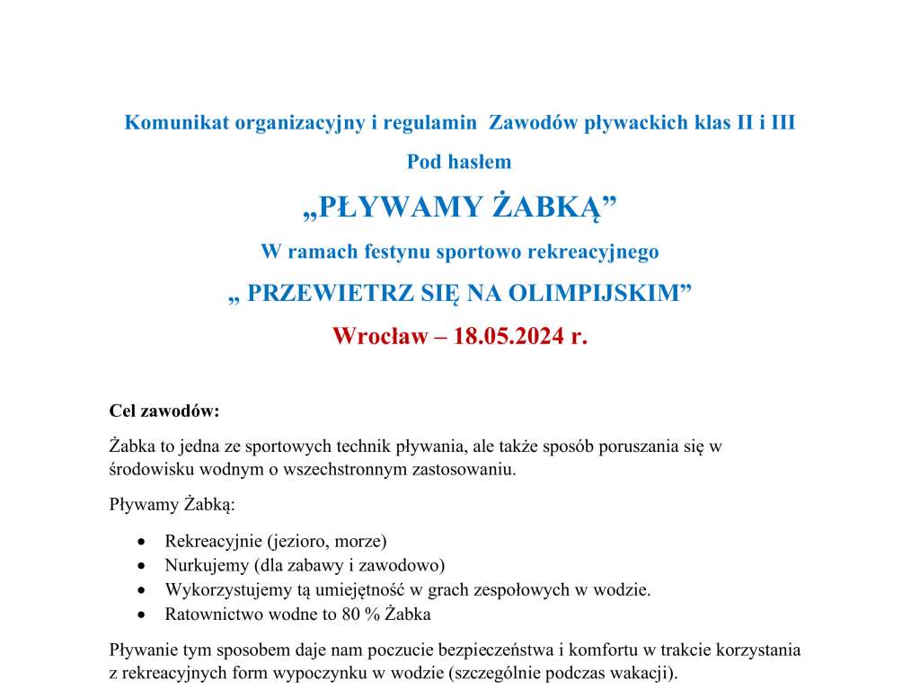 Zawody Pływackie klas II-III Pływamy Żabką