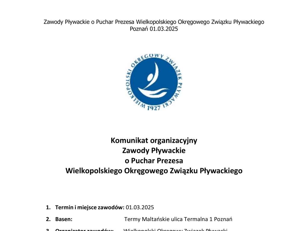 Zawody Pływackie o Puchar Prezesa Wielkopolskiego Okręgowego Związku Pływackiego