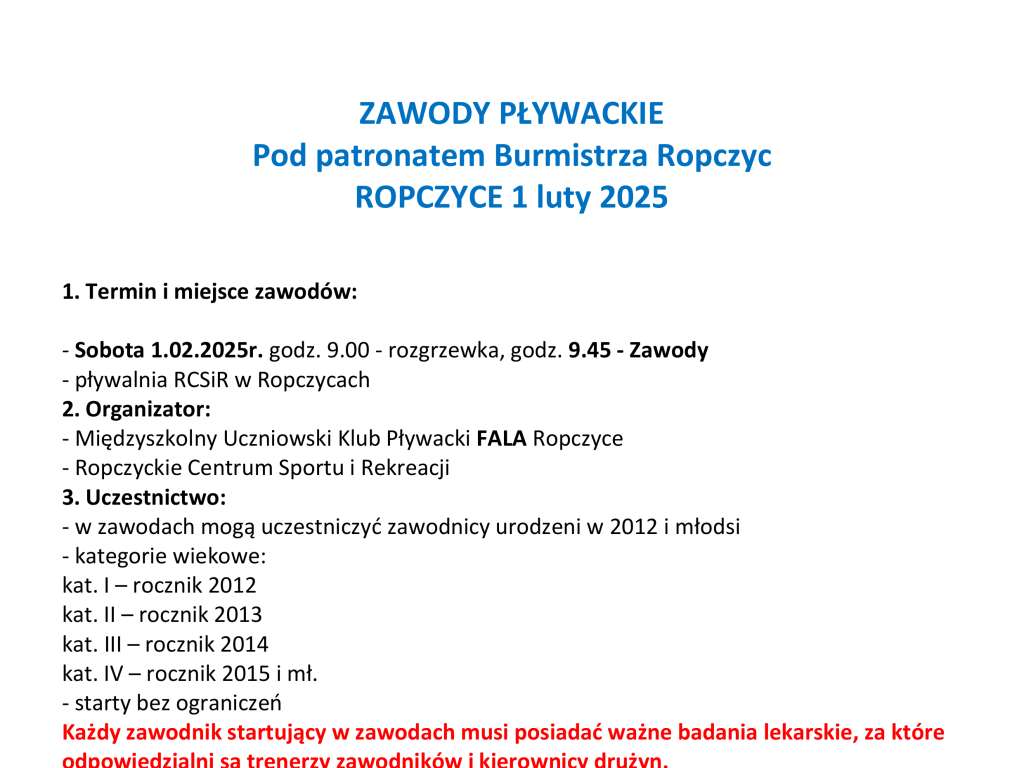 Zawody Pływackie pod patronatem Burmistrza Ropczyc