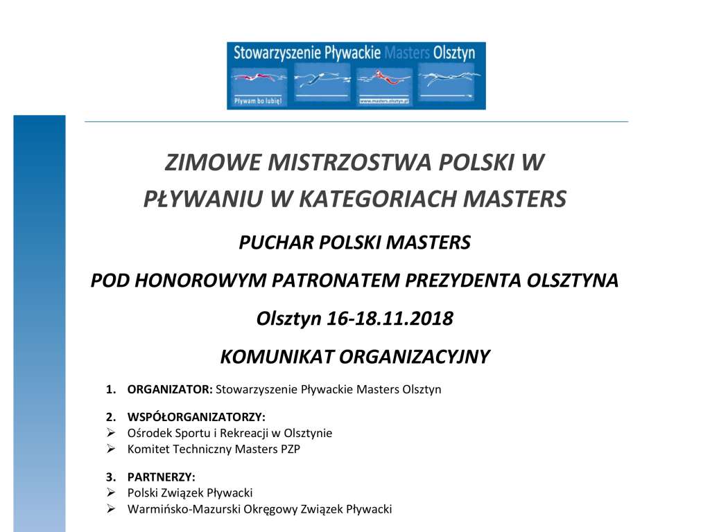 Zimowe Mistrzostwa Polski Masters pod Honorowym Patronatem Prezydenta Miasta Olsztyna