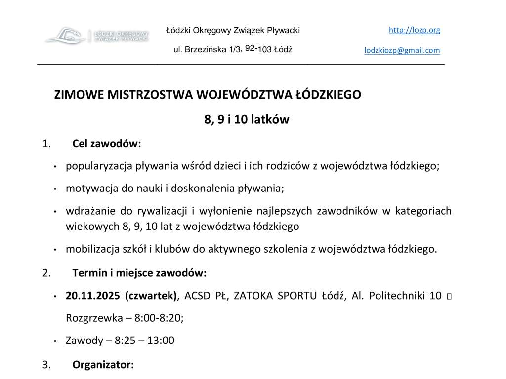 Zimowe Mistrzostwa Województwa Łódzkiego w pływaniu w kat. 8, 9, 10 lat