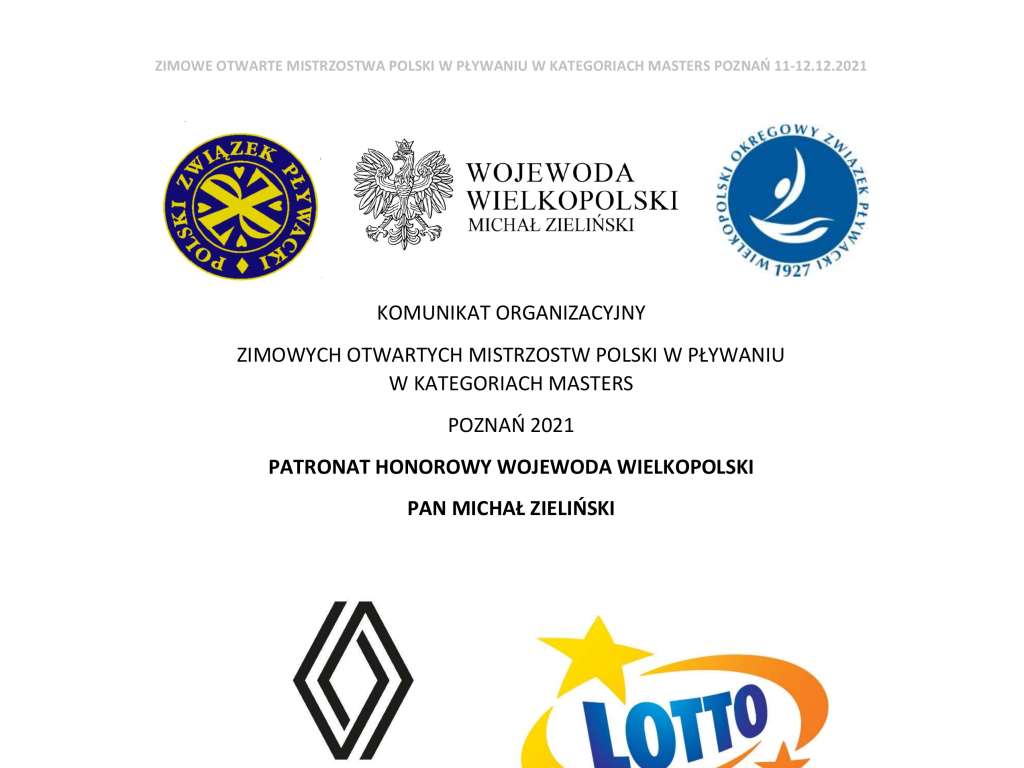 Zimowe Otwarte Mistrzostwa Polski w Pływaniu w Kategoriach MASTERS POZNAŃ 2021